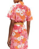 Daisy-Print Draped Silk Blouse, Pink