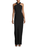 Mila Sleeve Stretch Crepe Racerback Gown, Black/White
