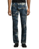 Coated Paint-Splatter Denim Jeans, Blue Pattern