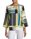 Bateau-Neck Striped Silk Blouse, Multi