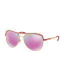 Metal Iridescent Aviator Sunglasses, Gold/Fuchsia