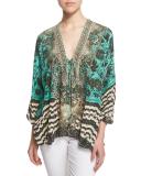 Sacromonte Embellished Lace-Up Blouse, Green/Multi