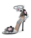 Floral Ankle-Wrap 110mm Sandal, Argento