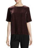 Half-Sleeve Jewel-Neck Velvet Tee, Raisin