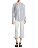 Striped Split-Neck Button-Down Shirt
