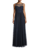 Sleeveless Illusion Evening Gown, Sapphire