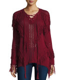 Fringe Open-Knit Lace-Up Sweater