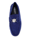Suede Driver w/Silvertone Medusa Head, Blue
