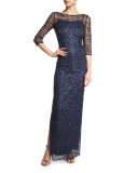 3/4-Sleeve Sequined Lace Column Gown, Navy