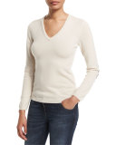 V-Neck Cashmere Sweater W/Elbow Patches, Vanilla
