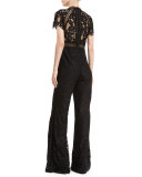 Claudel Short-Sleeve Lace Jumpsuit, Black