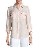 Long-Sleeve Button-Front Linen Top