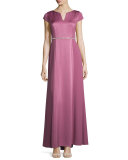 Crepe-Back Satin Belted Gown, Magenta