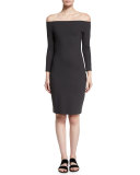 Off-The-Shoulder Scuba Sheath Dress, Pewter