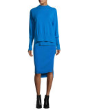 Ribbed High-Waist Pencil Skirt, Cerulean