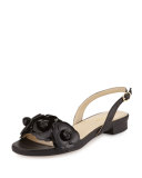 Ida Flower Flat Slingback Sandal, Black