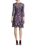 3/4-Sleeve Embroidered Floral Mesh Cocktail Dress, Navy/Purple