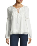 Emiliana Embroidered Lace-Up Blouse, Ivory