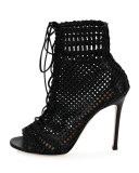 Open-Toe Napa Leather Macrame Bootie, Black