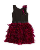Sleeveless Ponte & Feather Dress, Black/Pink, Size 4-6