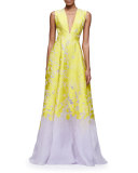 Sleeveless Open-Back Two-Tone Gown, Citrine/Lilac