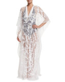 Printed-Mesh Long Caftan Coverup, Bianco