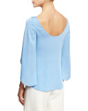 Bateau-Neck Butterfly-Sleeve Satin Blouse, Sky