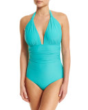 Halter-Neck Ruched Maillot One-Piece Swimsuit, Turquoise