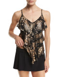 Rita Metallic Tiered Tankini Swim Top, Black/Gold, Plus Size
