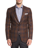 Plaid Super 140s Two-Button Sport Coat, Camel/Navy