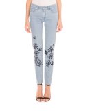 Leaf-Embroidered Skinny Jeans, Blue