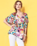 Short-Sleeve Floral-Print Silk Poncho 