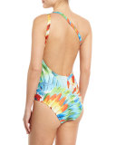 One-Shoulder Feather-Print Maillot One-Piece Swimsuit, Imperial