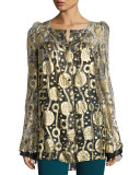 Glitter Chiffon Bell-Sleeve Blouse, Gold