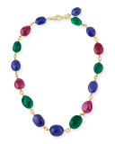 Rubellite, Emerald & Tanzanite Station Necklace in 18K Yellow Gold, 18"