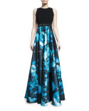 Sleeveless Wool & Floral Satin Combo Gown, Black/Turquoise
