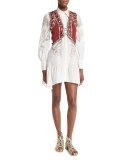 Long-Sleeve Feather-Print Shirtdress, White/Gold