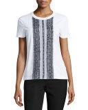 Ruffled Lace-Front Short-Sleeve Top, White