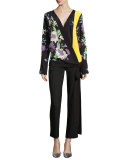 Floral-Print Silk Crossover Tie Blouse, Multicolor