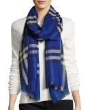 Gauze Giant Check Scarf, Dark Blue