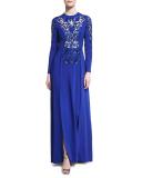 Illusion Beaded Long-Sleeve Double-Slit Gown, Royal Blue