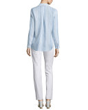 Sabira Long-Sleeve Striped Linen Blouse, Cerulean Blue Multi