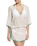 Rhea Pompom-Trim Cotton-Silk Voile Caftan Coverup, Green/White