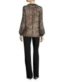 Ashton Bishop-Sleeve Floral-Print Silk Blouse, Golden Mist