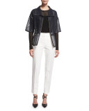 Zip-Front Honeycomb-Leather Parka, Midnight Blue