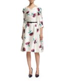 3/4-Sleeve Fit-&-Flare Day Dress, Ruby