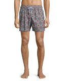 Psychedelic Mechanisms Printed Swim Trunks, Orange/Blue/Brown
