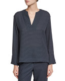 Printed Silk Split-Neck Popover Top, Coastal/Shark
