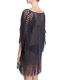 New Romantics Crocheted Caftan Coverup with Fringe, Charcoal