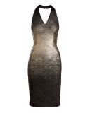 Ombre Foil Halter Cocktail Dress, Silver/Black